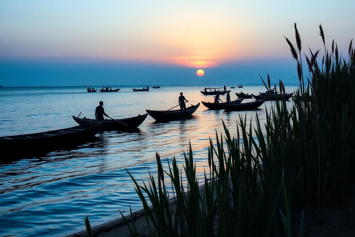 Fishing boats and papyrus reeds at Dunga Beach, Kisumu