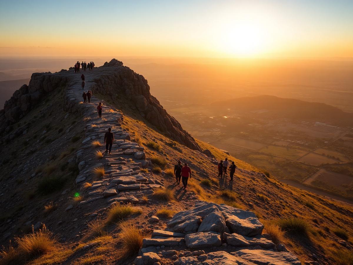 Pilgrims climbing the rocky path up Got Kweru hill at golden hour
