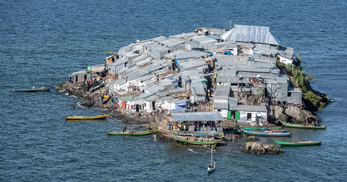 Aerial view of the densely built rocky Migingo Island in Lake Victoria